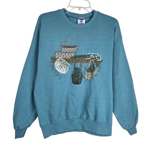 Jerzees Tops - Vintage 1998 Jerzees Basket Flowers Sweatshirt L Green Grandmacore Cottagecore